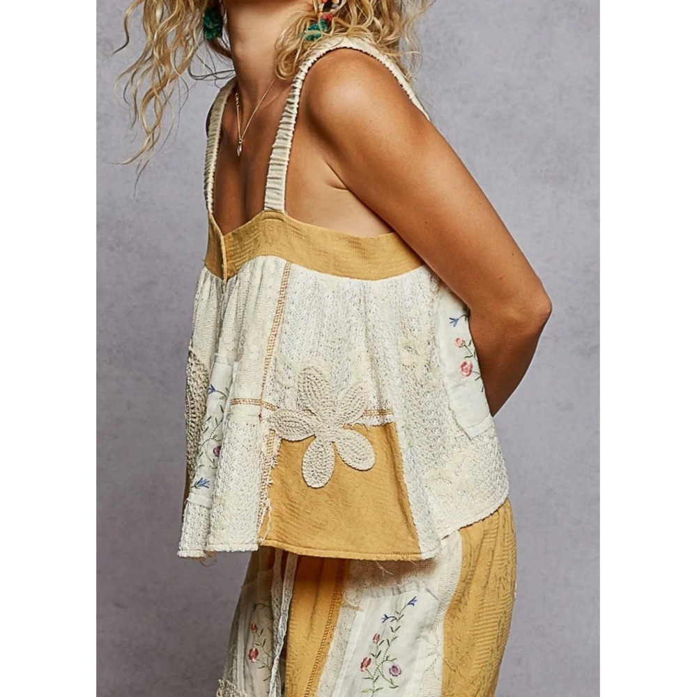 POL Patchwork Floral Embroidered Crochet Lace Cami Top & Wide Leg Pants Set S - Picture 16 of 16